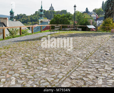 Stone pavement of observation deck in front of Old Castle in Banska Stiavnica, Slovakia. UNESCO World Heritage Site. Stock Photo