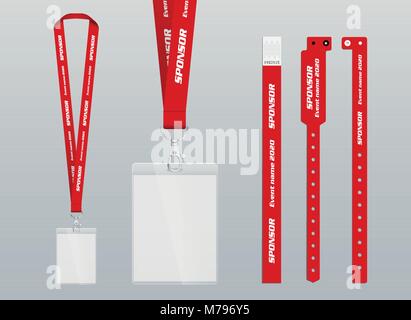 Vector illustration of lanyard and bracelets for identification and access to events. Security and control elements. Lanyards and bracelets with place Stock Vector