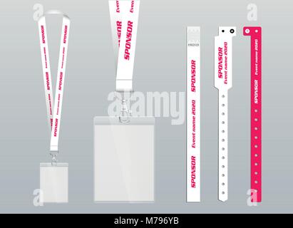 Vector illustration of lanyard and bracelets for identification and access to events. Security and control elements. Stock Vector