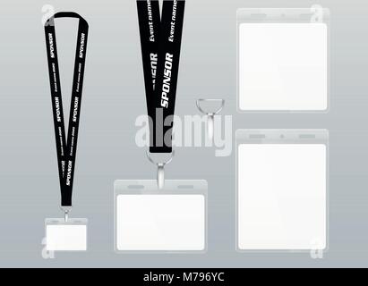 Vector illustration of lanyard. Black ribbon. Labels of different sizes. Lanyard with plastic label. Place for branding design Stock Vector