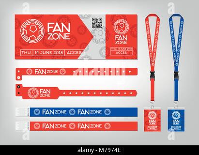 Mockup of different access control designs. Bracelets, ticket and lanyards. Design for fan zone football event. Vector template. Stock Vector