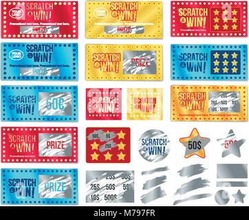 Ticket collection scratch and win. With effect from scratch marks. Vector. Stock Vector