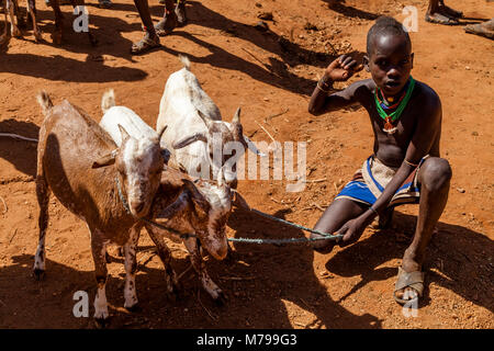 A Young Hamar Boy Selling His Goats At The Weekly Tribal Market In Dimeka, Omo Valley, Ethiopia Stock Photo