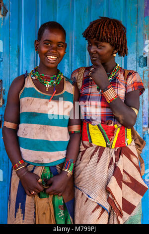 Two Young Hamar Women At The Saturday Tribal Market In Dimeka, Omo Valley, Ethiopia Stock Photo