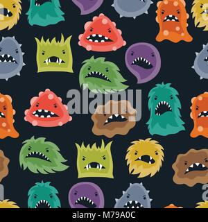 Seamless pattern with little angry viruses and monsters. Stock Vector