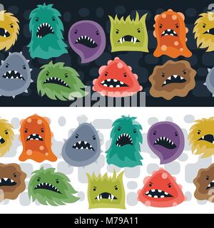 Seamless pattern with little angry viruses and monsters. Stock Vector