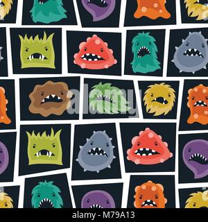 Seamless pattern with little angry viruses and monsters. Stock Vector