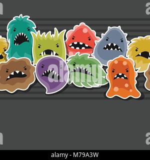 Seamless pattern with little angry viruses and monsters. Stock Vector