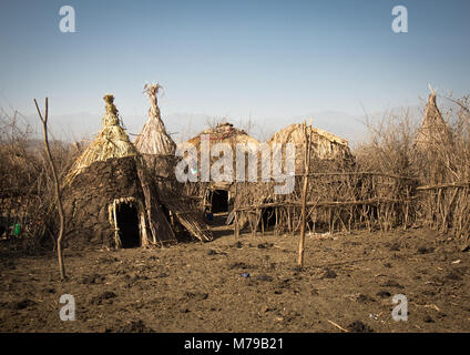 Typical traditional huts surrounded by a fence in an oromo village, Amhara region, Artuma, Ethiopia Stock Photo