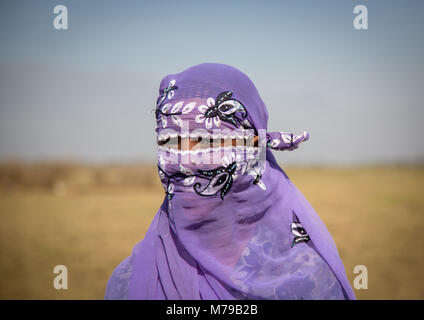 Portrait of an oromo veiled woman standing in front of her village, Amhara region, Artuma, Ethiopia Stock Photo