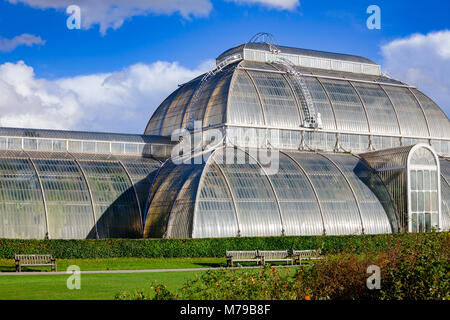 Victorian Palm House greenhouse at Kew Gardens  botanical garden in southwest London, UK, UNESCO World Heritage Site Stock Photo