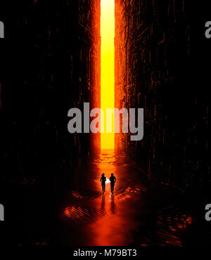 Fantasy landscape, fissure, darkness, light, sun, people running with a torch in hand in a science fiction landscape, big bright portal. 3d rendering Stock Photo