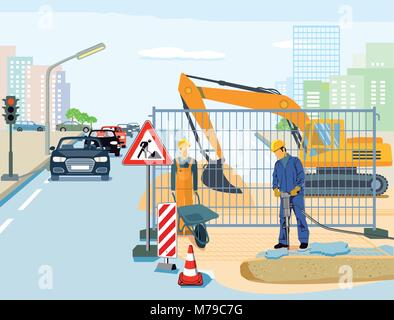 Repair in road construction illustration Stock Vector