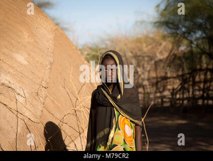 Portrait of an afar tribe teenage girl in front of her hut, Afar region, Afambo, Ethiopia Stock Photo