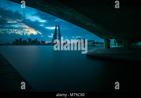 Morning view of Bahrain World Trade Centre on a rainy day taken on 2017 Stock Photo