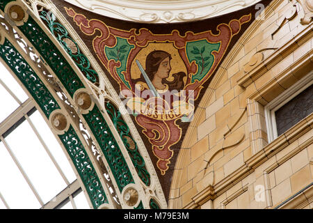 Mosaic depicting justice in the County Arcade shopping gallery in Leeds, UK. The restored Victorian shopping centre is part of the city's Victoria Qua Stock Photo