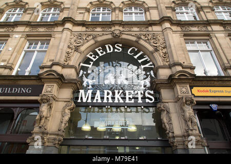 Facade of Kirkgate Market in Leeds, UK. The indoor market is part of Leeds City Markets. Stock Photo