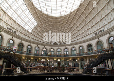 Interior of the Corn Exchange in Leeds, UK. The building was erected so that Victorian merchants could trade corn and now houses boutique stores. Stock Photo