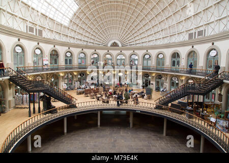 Interior of the Corn Exchange in Leeds, UK. The building was erected so that Victorian merchants could trade corn and now houses boutique stores. Stock Photo