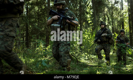 Squad of Five Fully Equipped Soldiers on a Reconnaissance Military Mission. They're Moving in Formation Through Dense Forest. Stock Photo