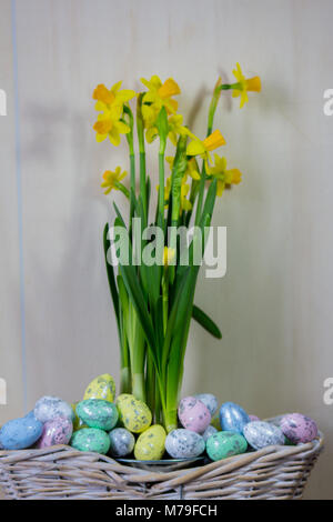 Easter eggs and chick hiding in the grass with daffodil Stock Photo