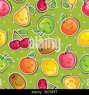 Seamless pattern with cute kawaii smiling fruits stickers Stock Vector