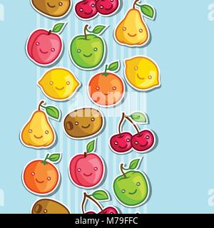 Seamless pattern with cute kawaii smiling fruits stickers Stock Vector