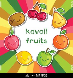 Background with cute kawaii smiling fruits stickers Stock Vector