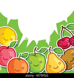 Background with cute kawaii smiling fruits stickers Stock Vector