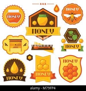 Set of honey and bee labels, badges, emblems Stock Vector