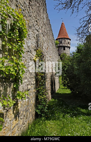 Germany, Bavaria, Ostheim, district Rhön-Grabfeld, Lower Franconia, school bell tower, defensive wall of the church castle, Stock Photo