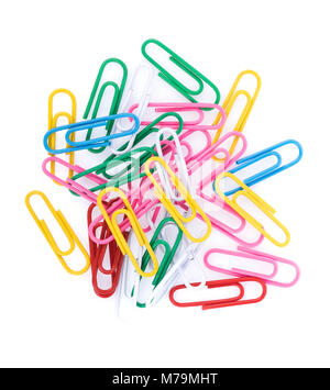Colored paper clips on white background Stock Photo