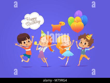 Happy kids with the balloons and birthday hats happily jumping with their hands up against blue background. Birthday party characters. Vector illustration for website banner, poster, invitation Stock Vector