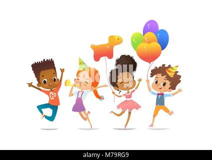 Excited multiracial boys and girls with the balloons and birthday hats happily jumping with their hands up. Birthday party Vector illustration for website banner, poster, flyer, invitation. Isolated. Stock Vector