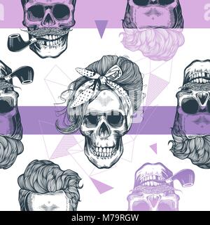 Seamless pattern in pop art style with skeleton womens heads, fashion scarf and hairstyle, against triangle and purple stripes on background. Vector illustration, Stock Vector