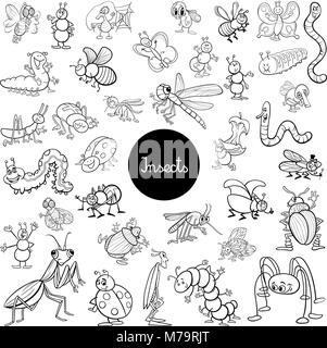 Black and White Cartoon Illustration of Insects Animal Characters Large Set Coloring Book Stock Vector