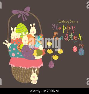 Easter basket with eggs,rabbits and chicken Stock Vector