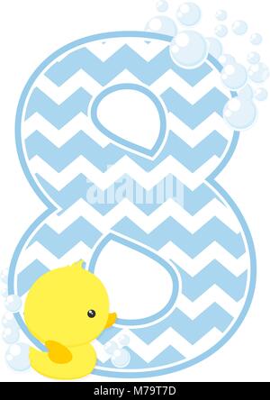 number 8 with bubbles and little baby rubber duck isolated on white background. can be used for baby boy birth announcements, nursery decoration, part Stock Vector