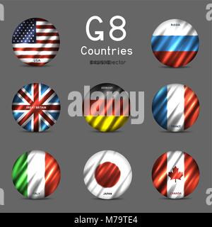 G8 National round flag icon set Stock Vector