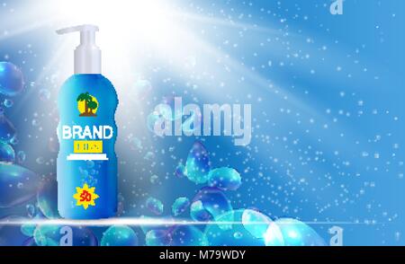 Sun Care Cream Bottle, Tube Template for Ads or Magazine Background. 3D Realistic Vector Iillustration Stock Vector