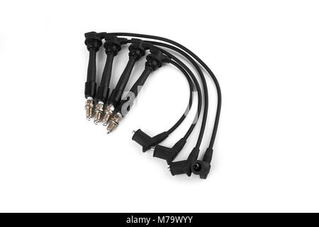 able set spark plug wires isolated on white background Stock Photo
