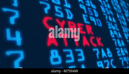 Cyber security buzzwords – cyber attack - with blue numbers in background. Data safety and digital technology in screen stylized graphic. Stock Photo