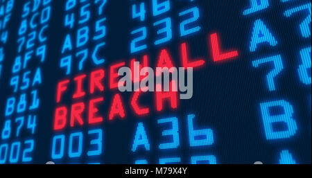 Cyber security buzzwords – firewall breach - with blue numbers in background. Data safety and digital technology in screen stylized graphic. Stock Photo