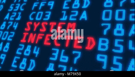 Cyber security buzzwords – system infected - with blue numbers in background. Data safety and digital technology in screen stylized graphic. Stock Photo