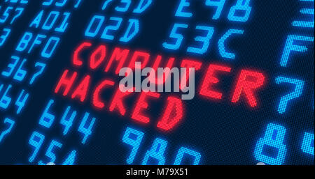 Cyber security buzzwords – computer hacked - with blue numbers in background. Data safety and digital technology in screen stylized graphic. Stock Photo