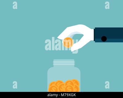 A Hand Dropping Gold Coins Into A Glass Jar. Flat Vector Illustration 