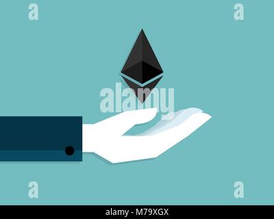 illustration of hand with ethereum cryptocurrency concept flat design Stock Vector