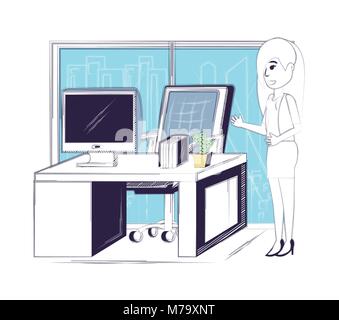 Sketch of woman standing at the office over white background, colorful design vector illustration Stock Vector