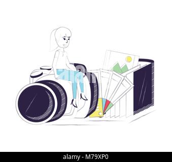 Sketch of designer woman sitting on a camera and other related icons over white background, colorful design vector illustration Stock Vector