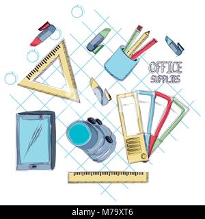 Office supplies around over gray  background, vector illustration Stock Vector